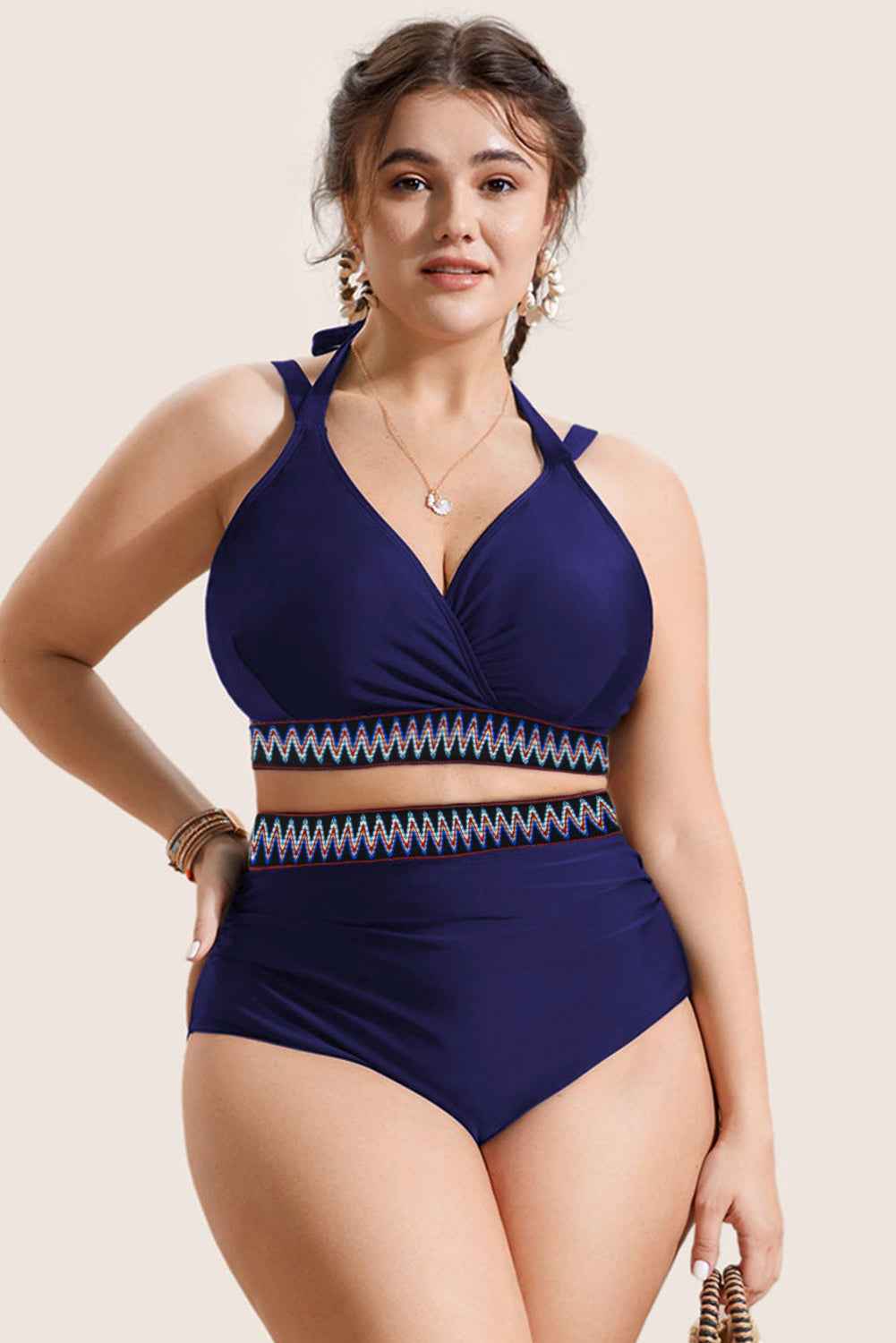 Navy Blue Embroidered Trim Wrap Tie Knot Plus Size High Waisted Bikini Set
