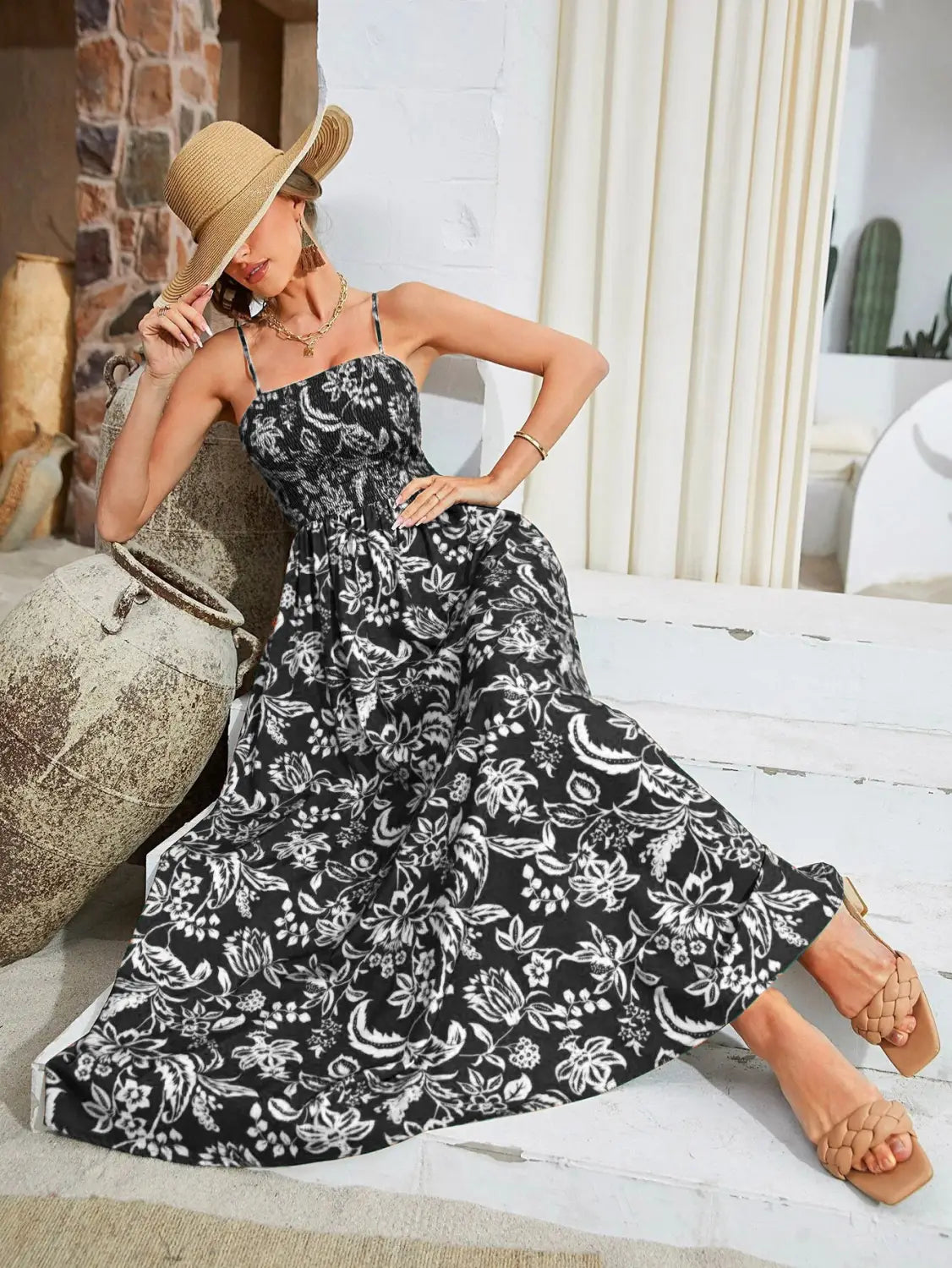 Strap Printed Dress Sleeveless One-Shoulder Long Dress