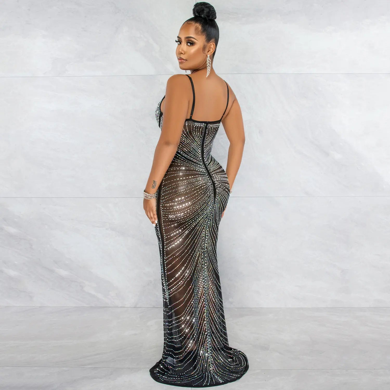 Fashion sexy beaded strapless sheer mesh long dress