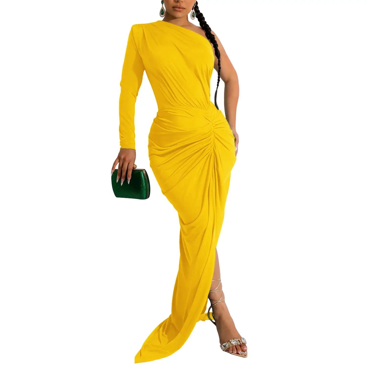 Fashion women’s solid color asymmetrical neck single long sleeve long dress with pleats