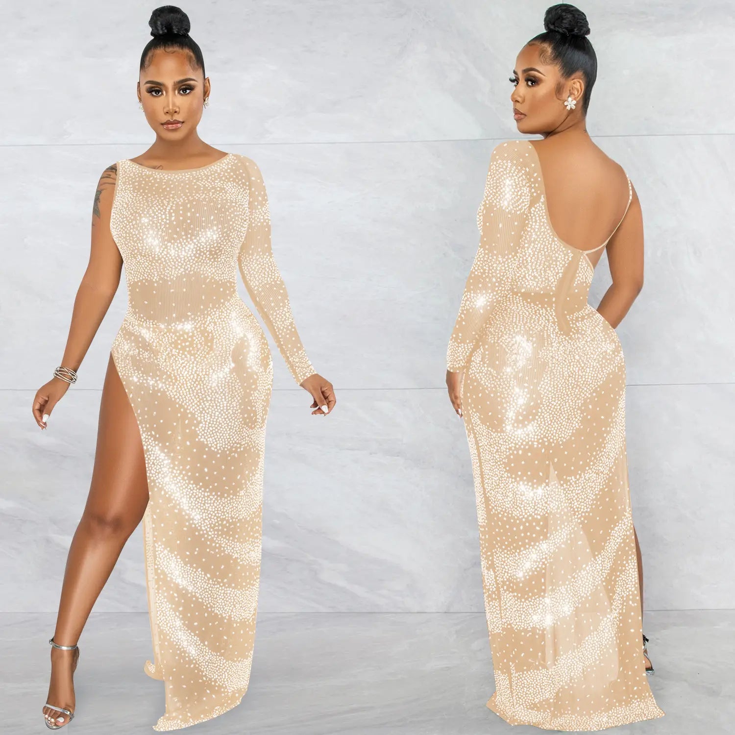Fashion sexy nightclub rhinestone single long sleeve irregular slit maxi dress