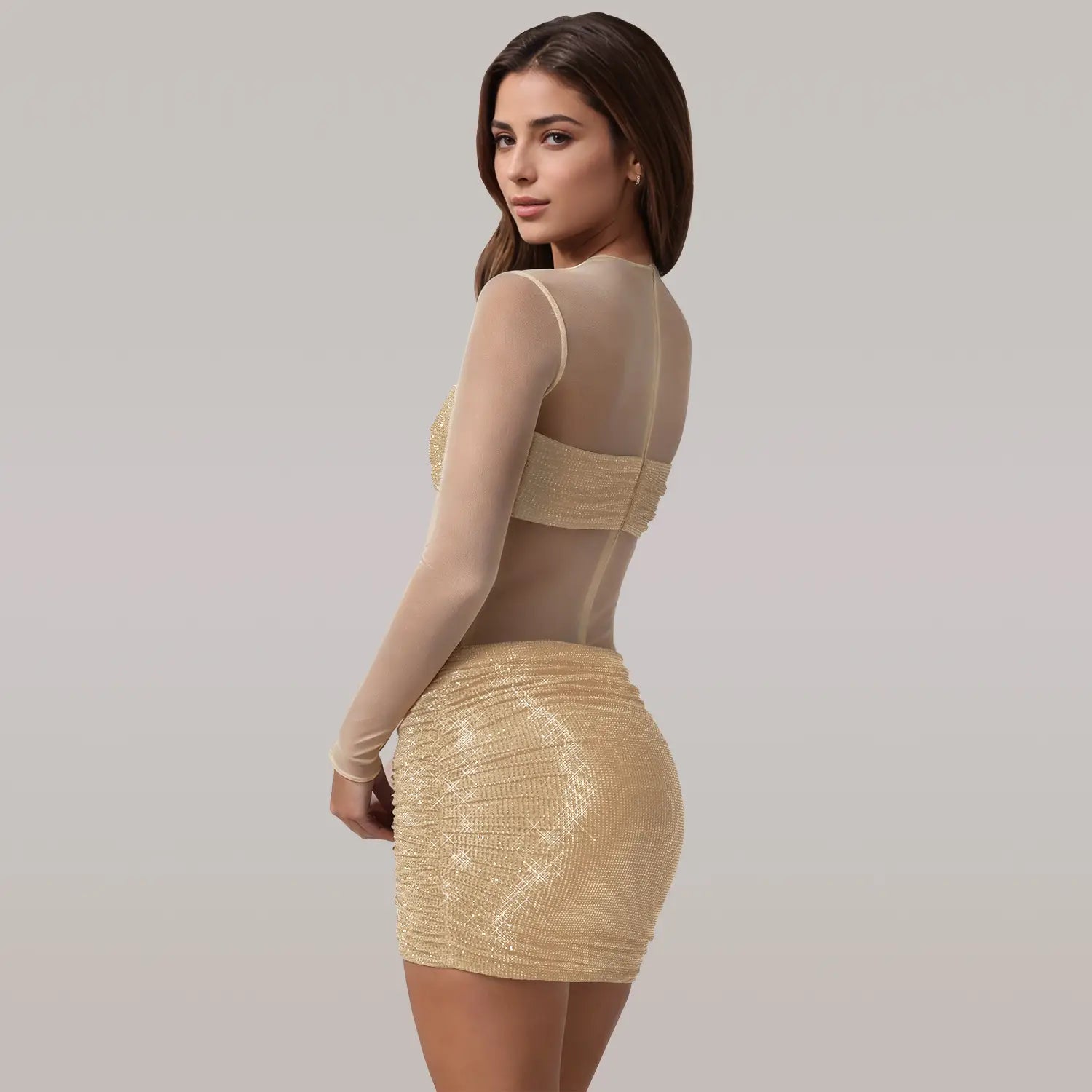 Fashion women’s sexy sheer mesh rhinestone dress mini skirt