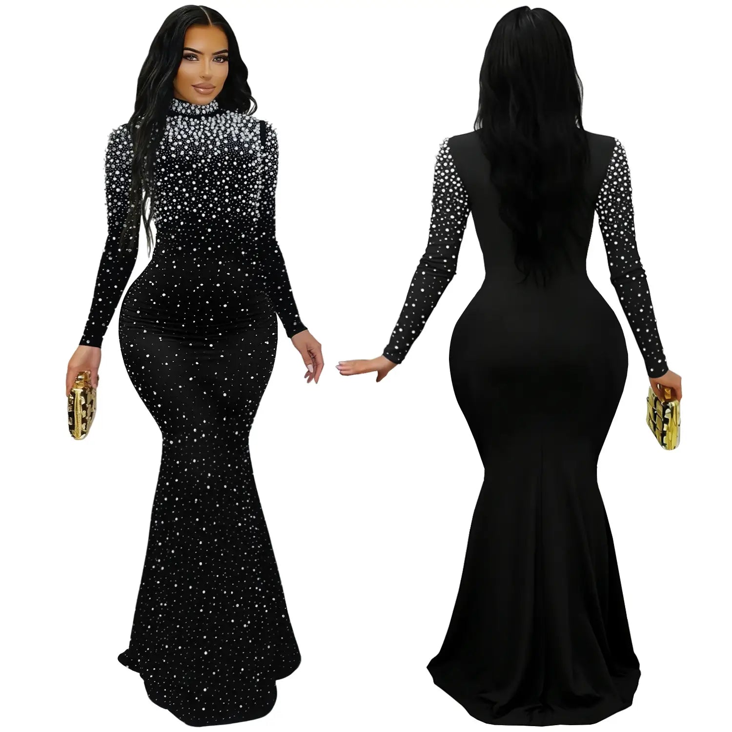 Elegant high neck rhinestone beaded bodycon dress for women fashion
