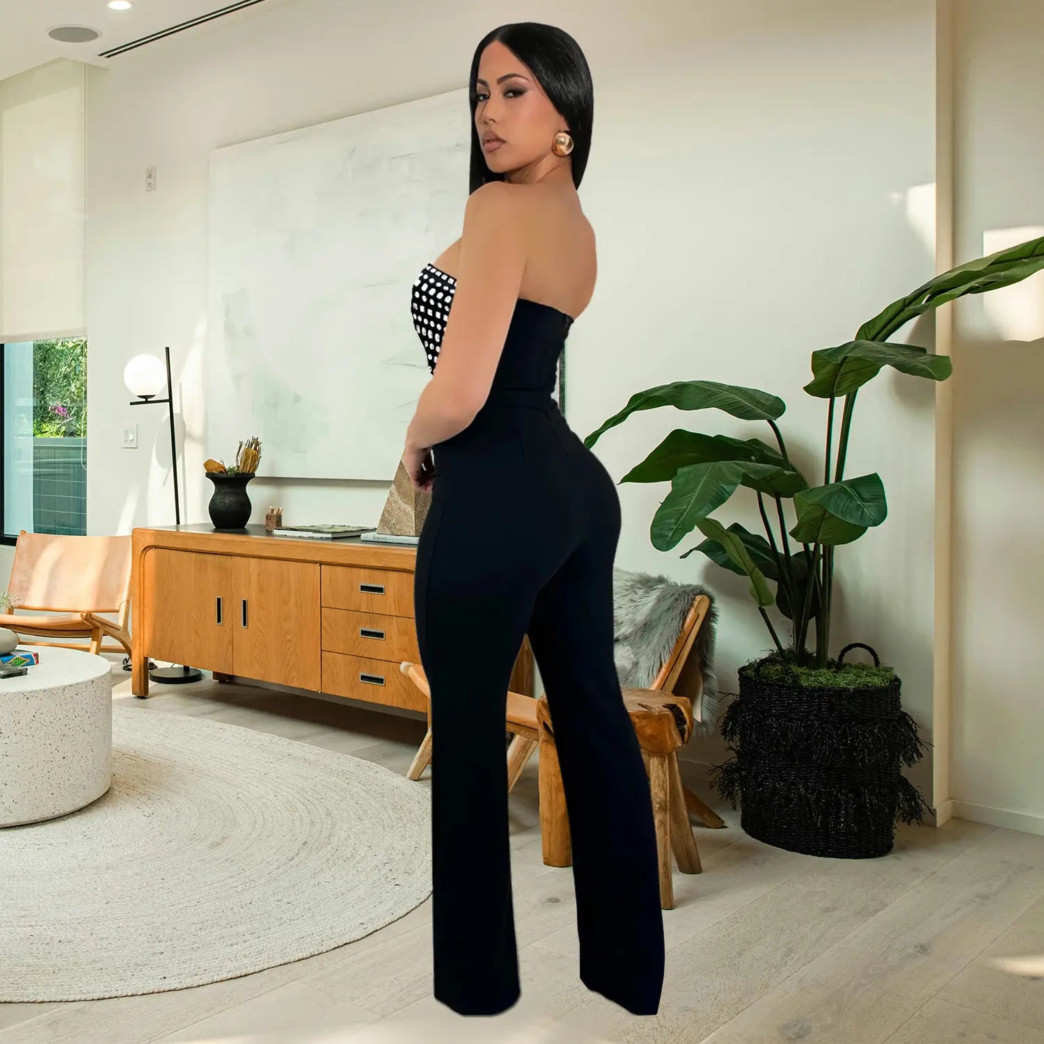 Style summer rhinestone bodysuit sexy strapless unique straight fit solid color long pants for women