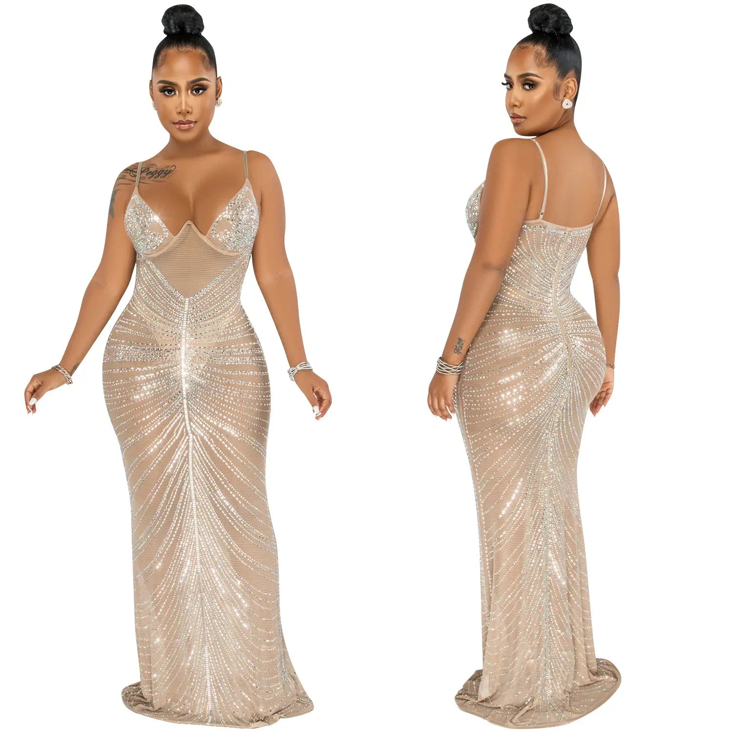 Fashion sexy beaded strapless sheer mesh long dress