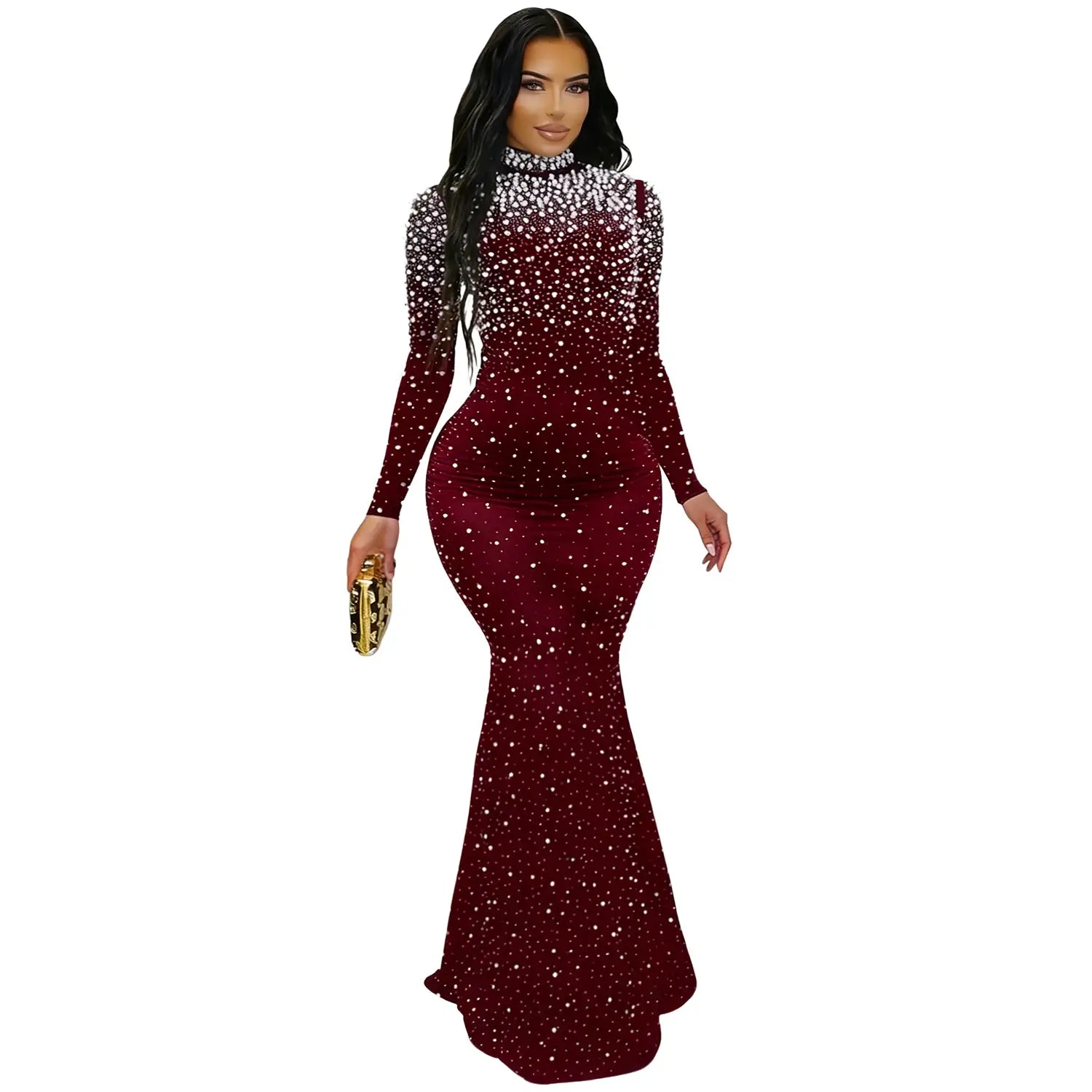 Elegant high neck rhinestone beaded bodycon dress for women fashion