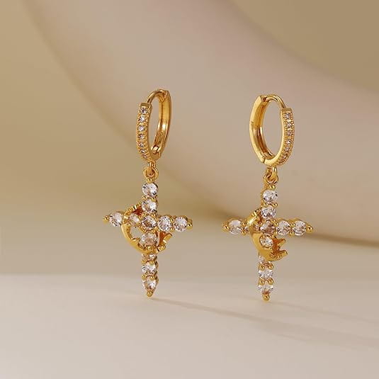 Rotating crown cross earrings set with zircon