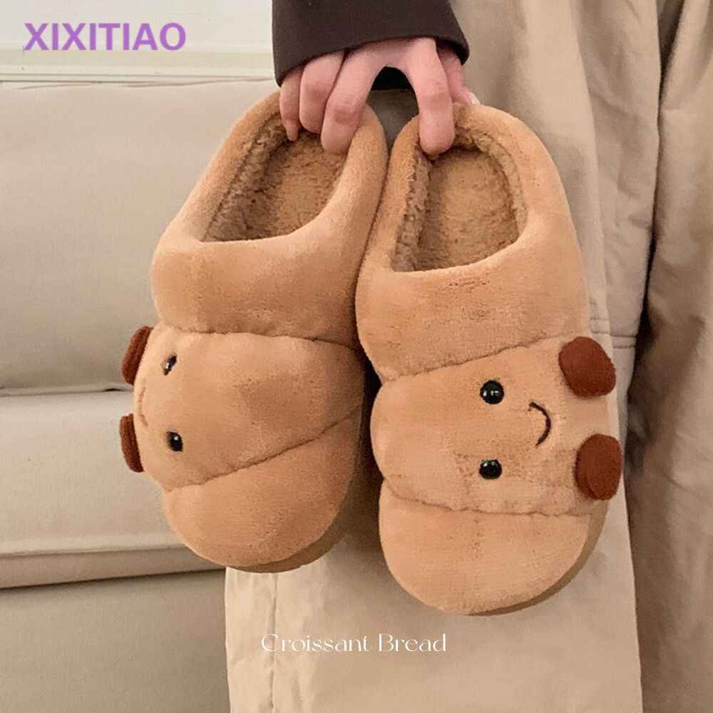 Men's and Women's Winter Cotton Slippers for Home, Couple Cute Croissant Bread