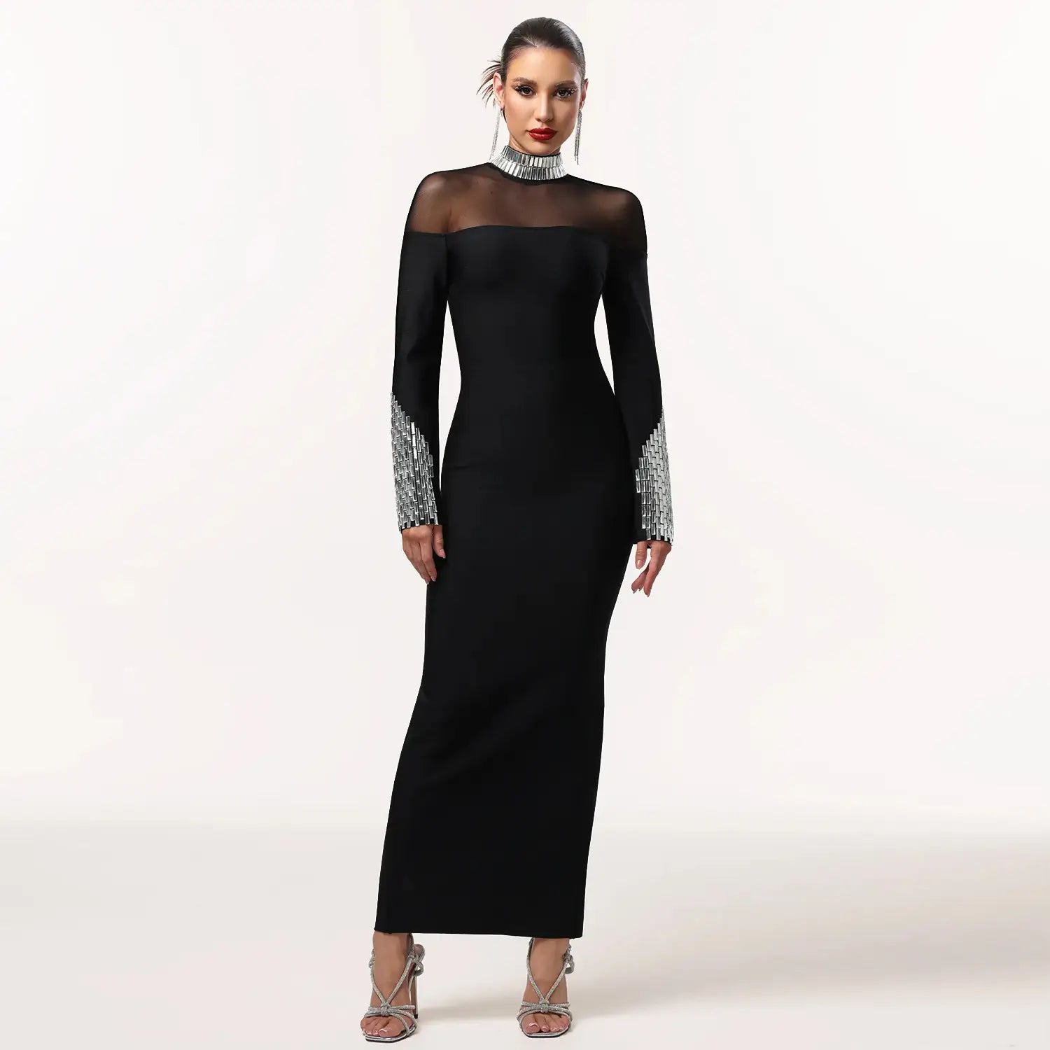Elegant high neck long sleeve fitted sequined dress for women