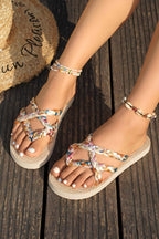 Beige Boho Printed Woven Caged Flip Flops Summer Slippers