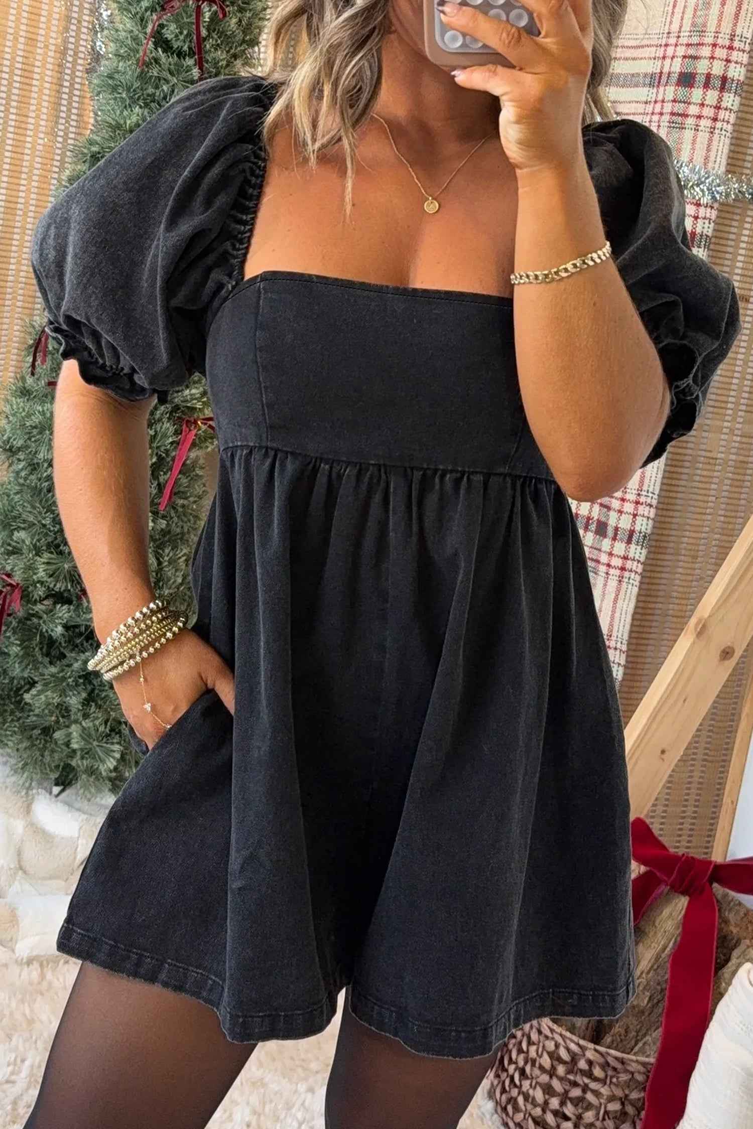 Black Denim Square Neck Smocked Short Puff Sleeve Flared Romper