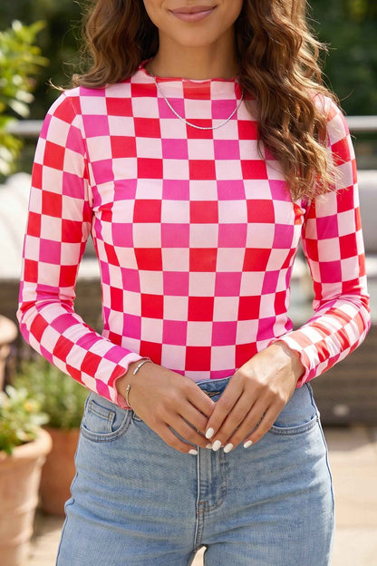 Rose Plaid Mesh Sheer Long Sleeve Top