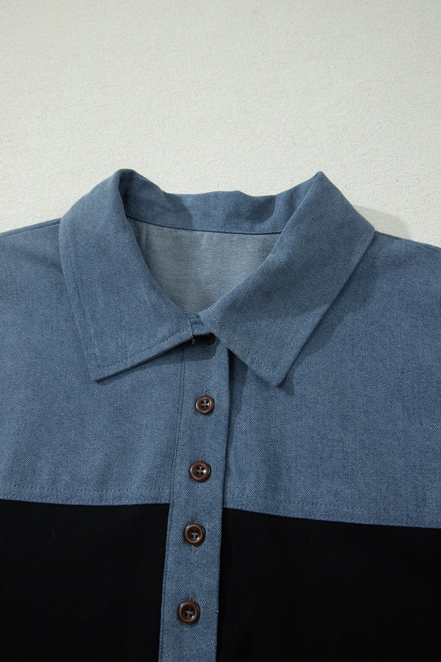 Light Grey Color Block Denim Patchwork Button Polo Collar Short Sleeve Top