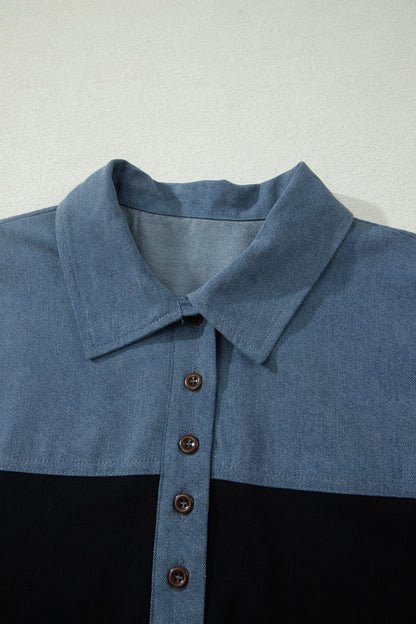 Light Grey Color Block Denim Patchwork Button Polo Collar Short Sleeve Top