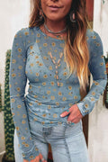 Sky Blue Floral Print Mesh Slim Fit Long Sleeve Top
