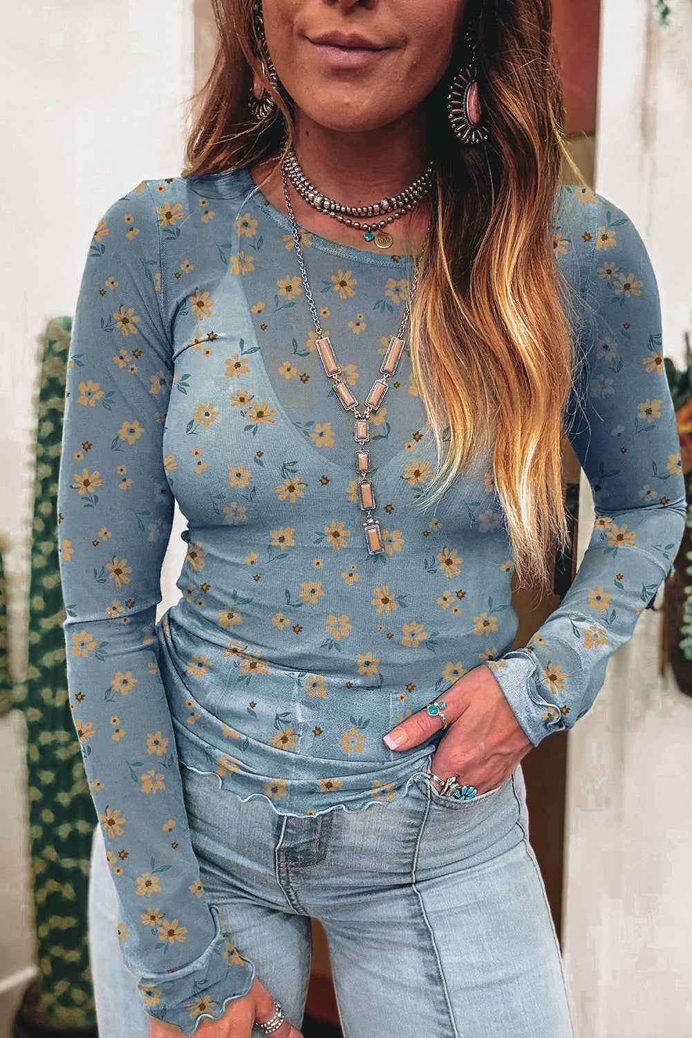 Sky Blue Floral Print Mesh Slim Fit Long Sleeve Top