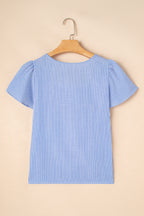 Sky Blue Striped Crochet Applique Boho Blouse