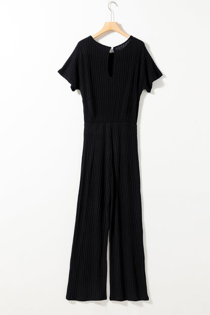 Black Ribbed Keyhole Short Sleeve Wide Leg Jumpsuit