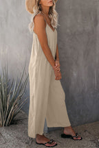Apricot Spaghetti Straps Wide Leg Pocketed Jumpsuits