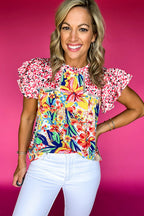 Red Floral Mixed Print Ruffle Cap Sleeve Blouse