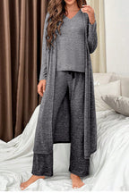 Delicacy 3pcs V Neck T Shirt Ribbon Knot Pants Open Duster 3pcs Lounge Set