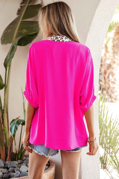 Rose Red Dolman Half Sleeve Leopard Patchwork Trim V Neck Blouse