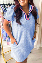 Beau Blue Striped Pop of Color Collared Checkered Textured Plus Size Dress