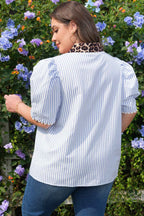 Sky Blue Stripe Plus Size Leopard Patchwork Collar Short Bubble Sleeve Blouse