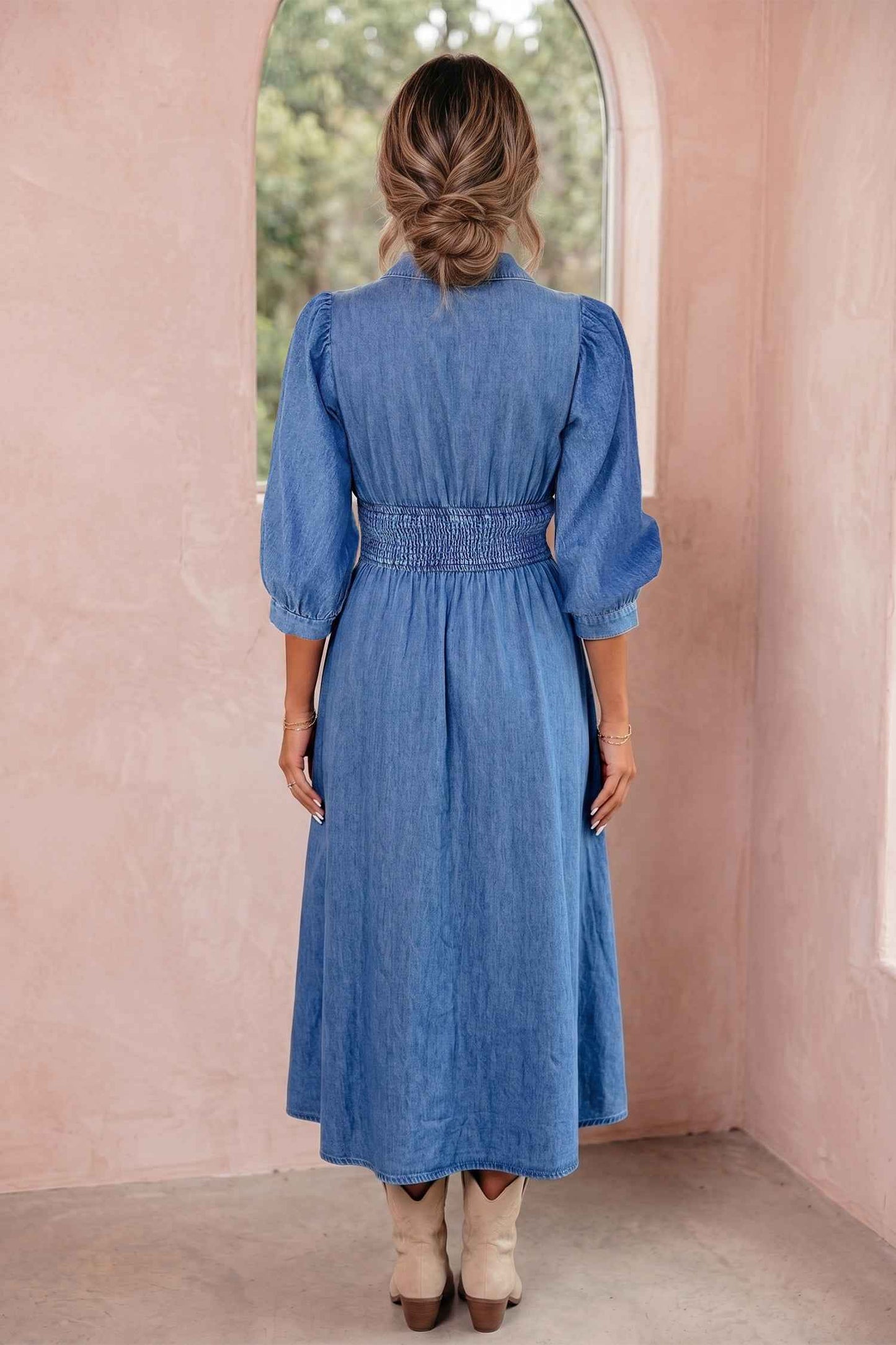 Blue V Neck Shirred Waist Metal Zipper Denim Midi Dress