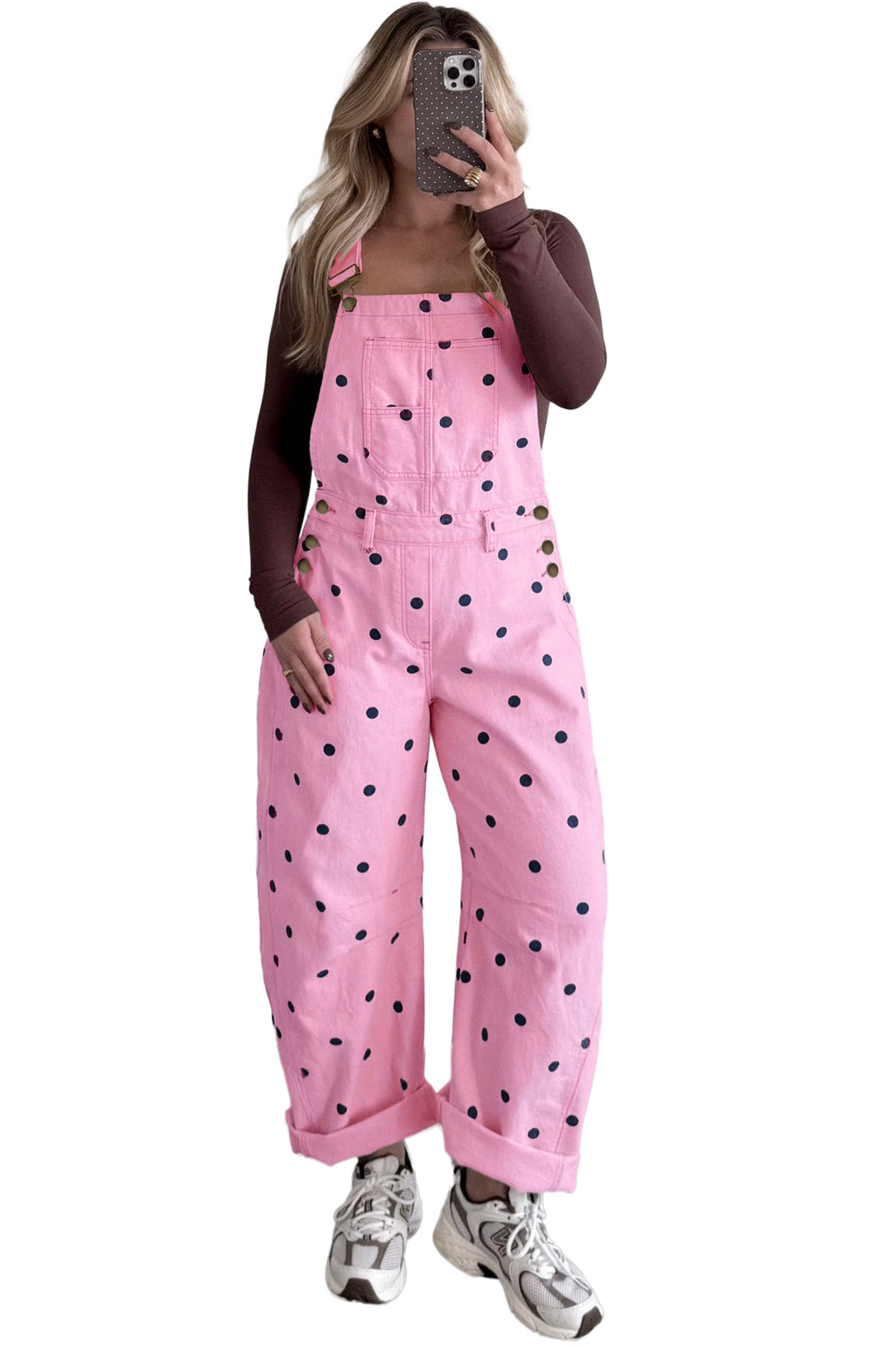 Jet Stream Polka Dot Print Bib Pocket Denim Barrel Overalls Jumpsuit