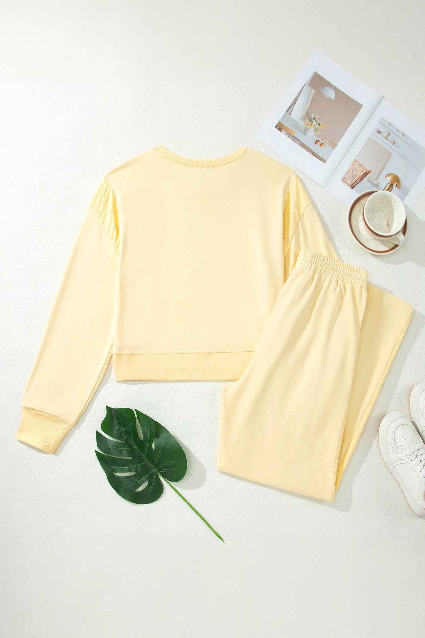 Yellow Cream Eyelet Embroidered Lace Patchwork Cropped Pullover Drawstring Pants Set