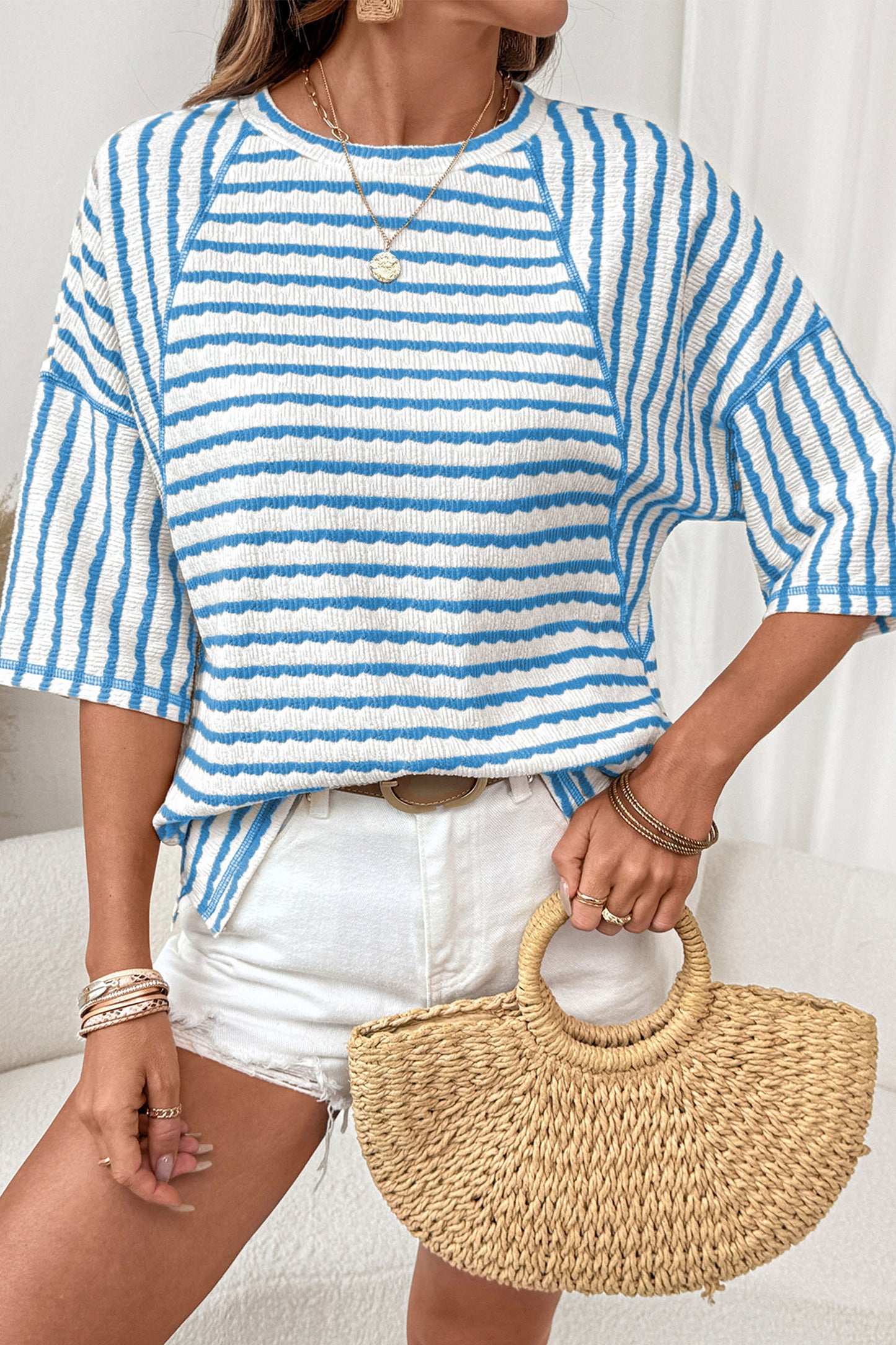 Pink Stripe Textured Knit Split Hem Half Sleeve Loose Top