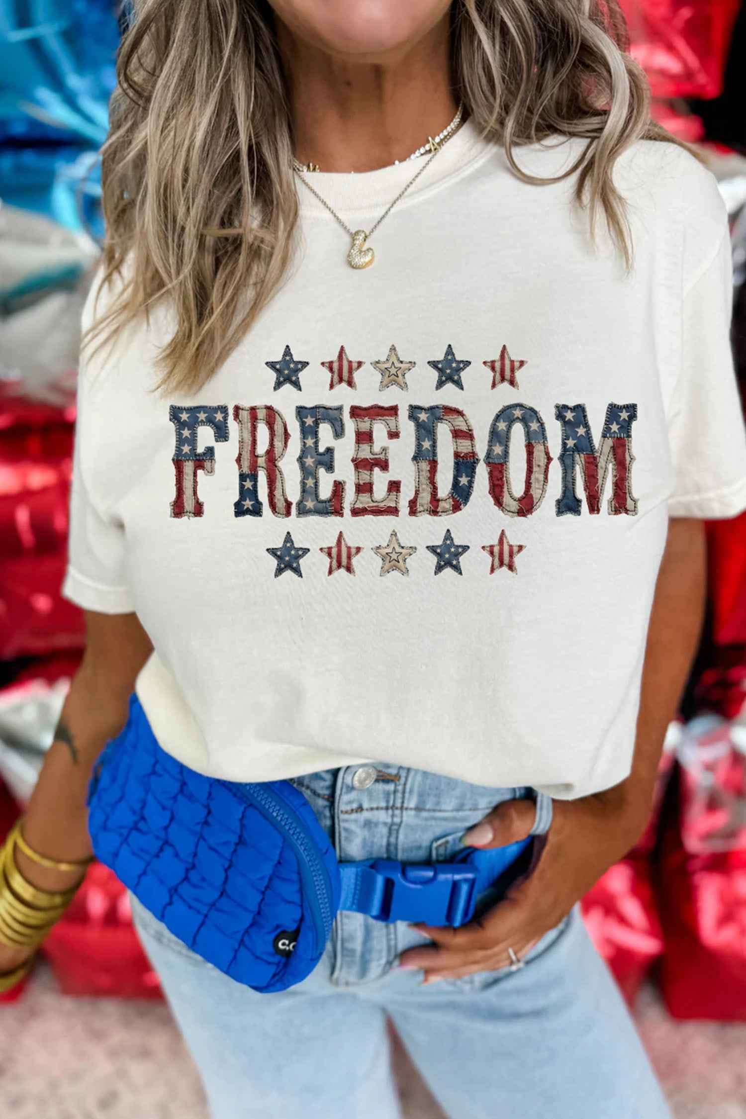 White FREEDOM Patriotic Letter Print Crew Neck T Shirt