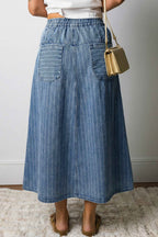 Sky Blue Stripe Button Pintuck High Waist Drawstring Denim Midi Skirt