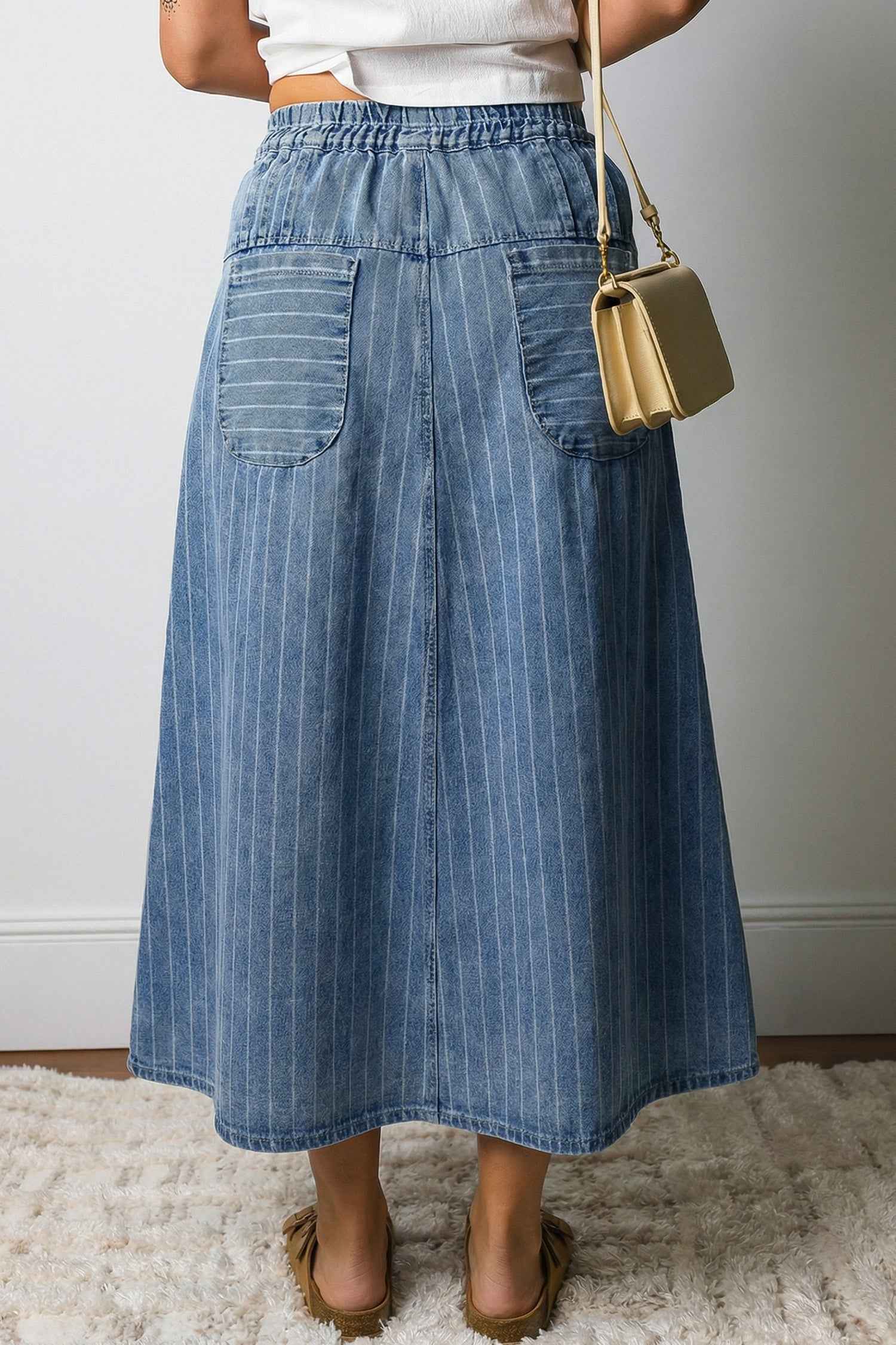 Sky Blue Stripe Button Pintuck High Waist Drawstring Denim Midi Skirt