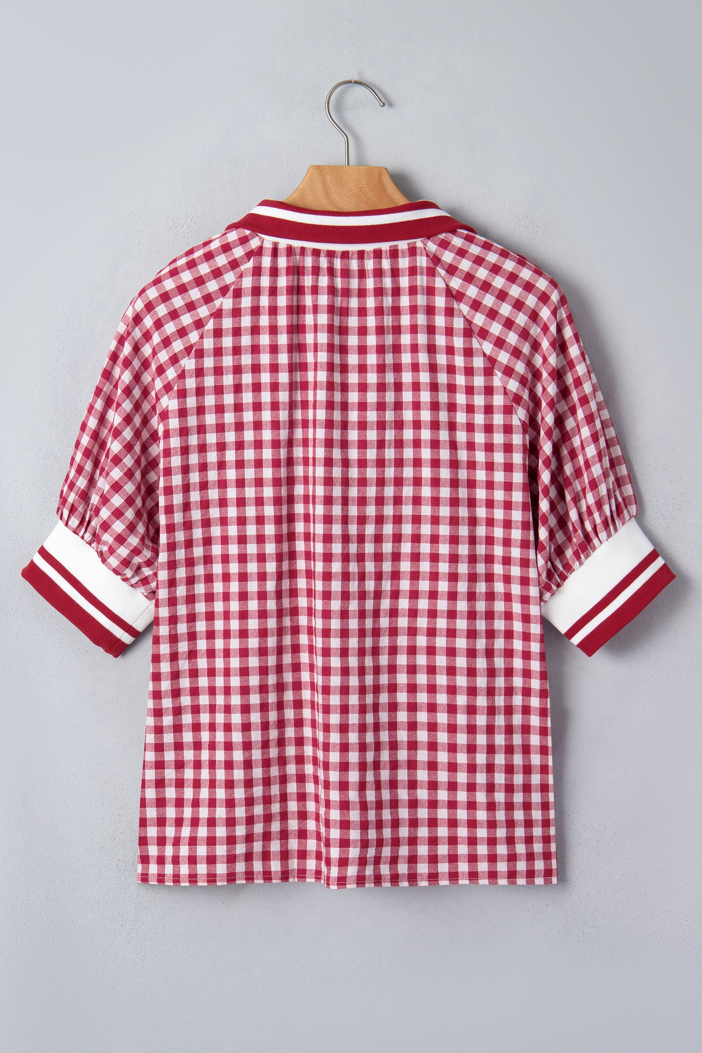 Red Gingham Striped Patchwork Half Zip Blouse