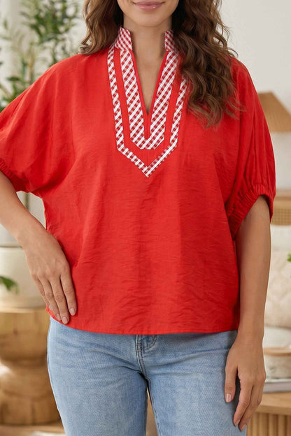 Red V Neck Plaid Collar Short Sleeve Tunic Blouse