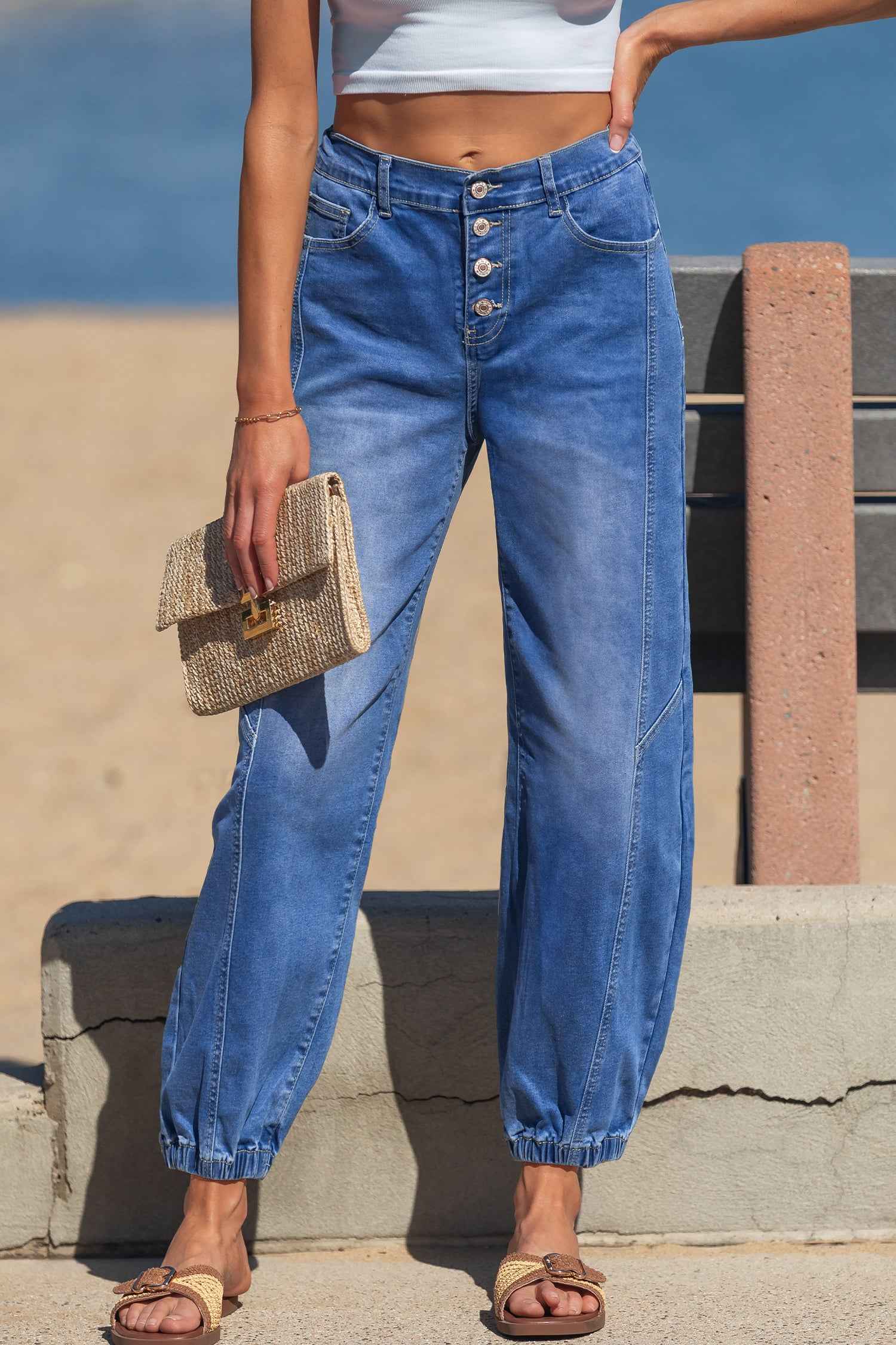 Blue 4 Buttons Front Tapered Casual Loose Fit Jeans