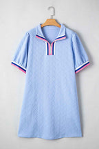 Beau Blue Striped Pop of Color Collared Checkered Textured Plus Size Dress