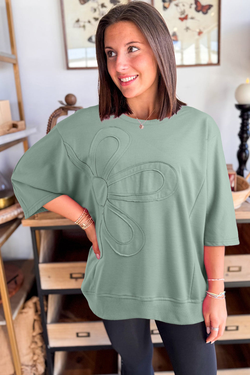 Sachet Pink Solid Color Floral Patched Half Sleeve Tunic Top