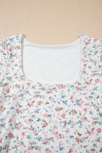 White Floral Print Slim Fit Square Neck Long Sleeve Top