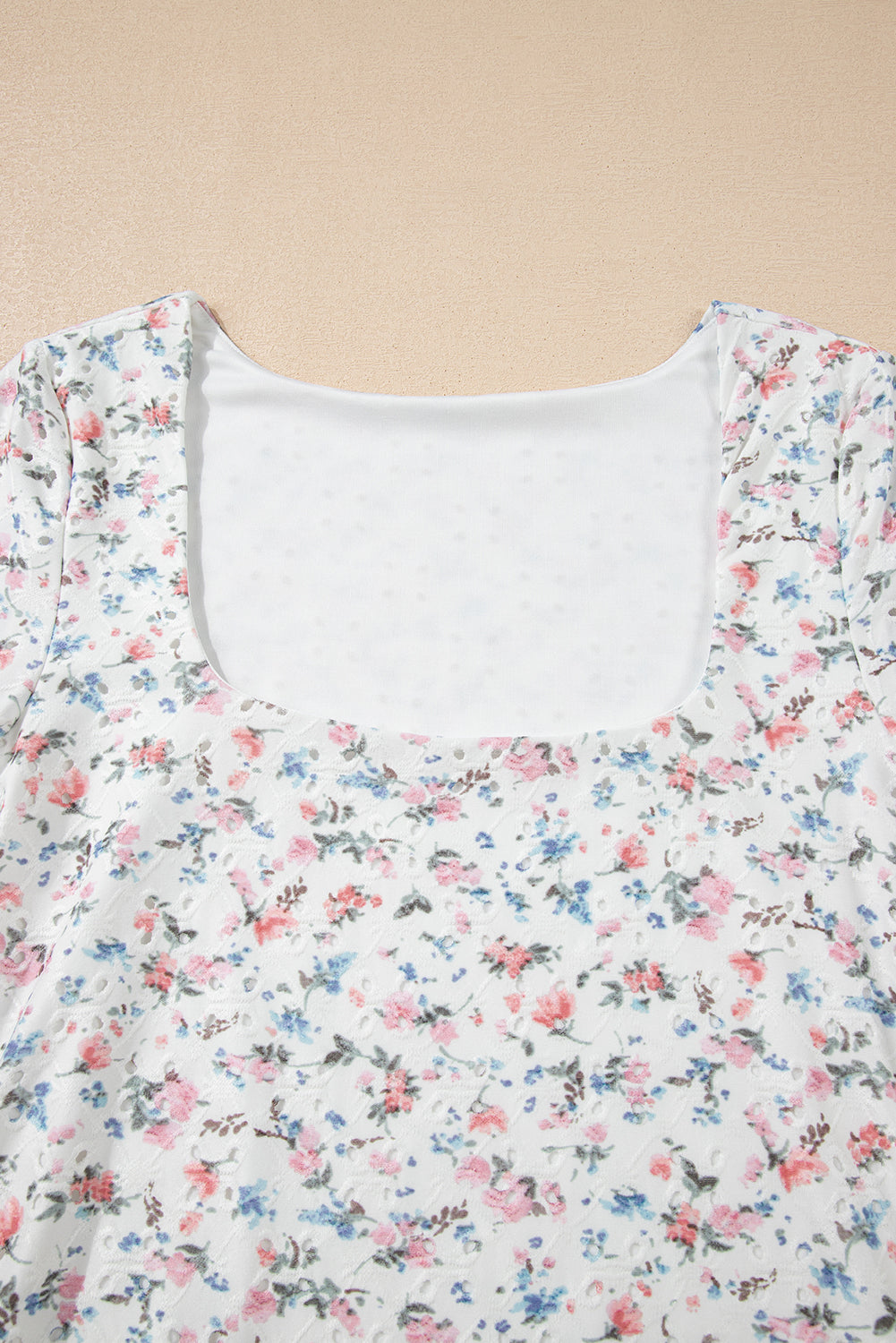 White Floral Print Slim Fit Square Neck Long Sleeve Top
