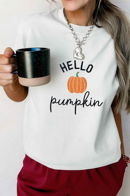 White Embroidered Pumpkin Slogan Short Sleeve T-Shirt