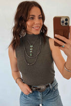 Chicory Coffee Western High Neck Sleeveless Ribbed Knit Vest Regular Fit Waist Slim Sheath One Piece Daily Wear