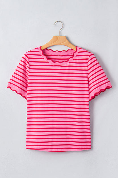 Red Stripe Scalloped Trim Round Neck T Shirt