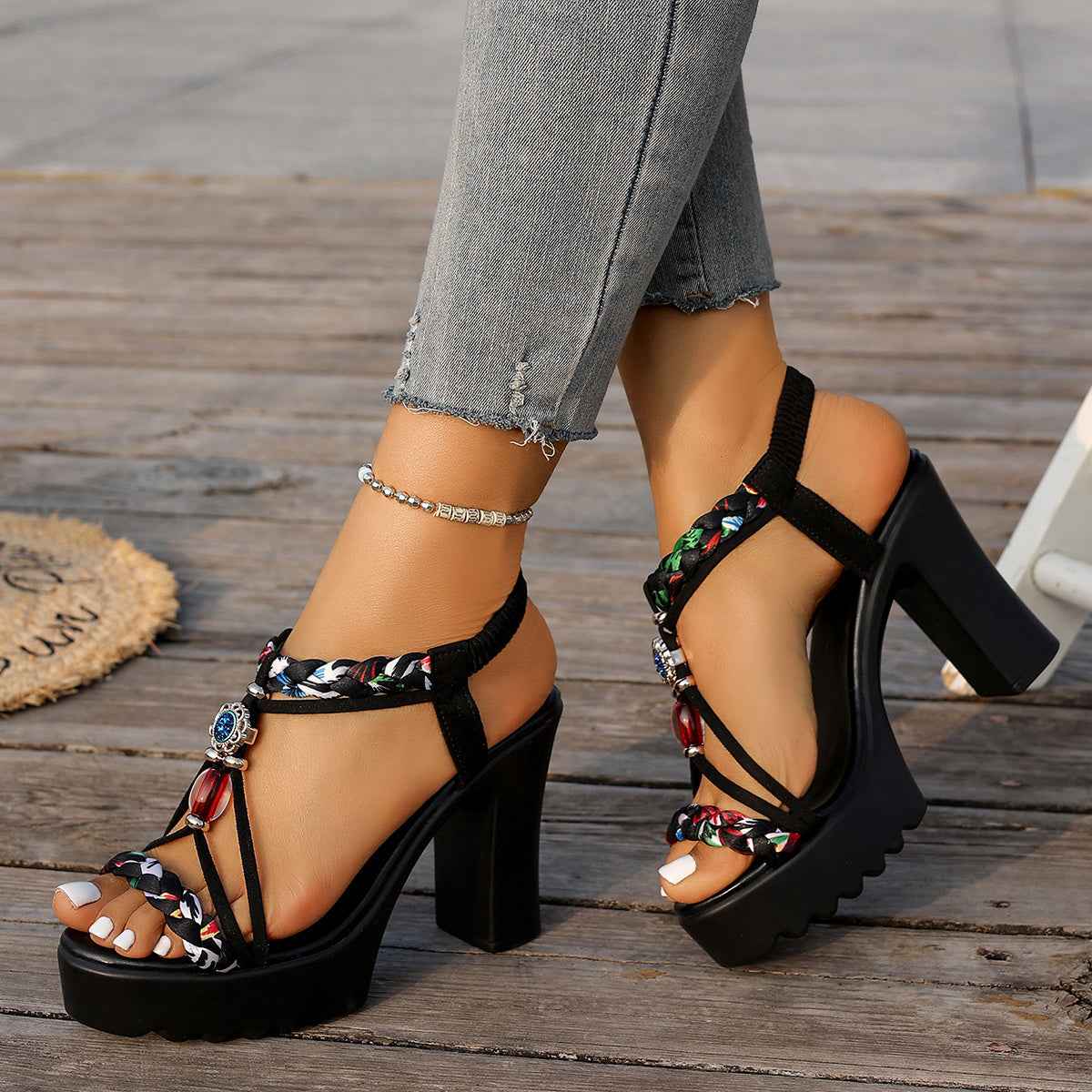 Bohemian Chic Summer Chunky Heel Fashion Sandals