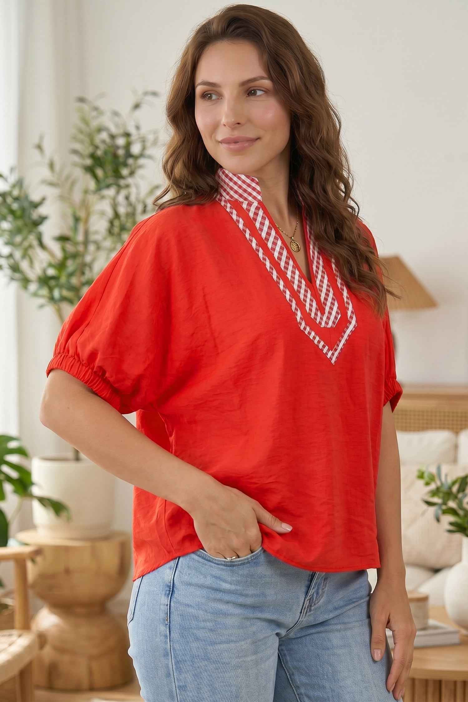 Red V Neck Plaid Collar Short Sleeve Tunic Blouse
