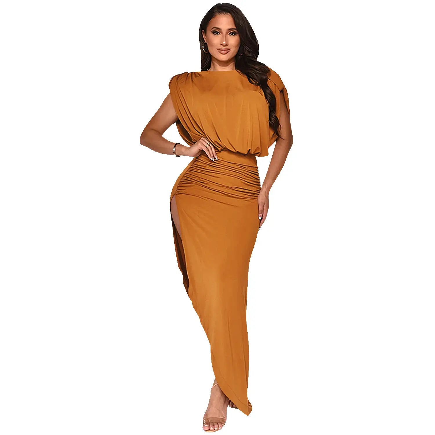 Fashion solid color women’s round neck sleeveless pleated asymmetrical slit long dress