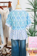 Sky Blue Boho Floral Geometric Patchwork Short Puff Sleeve Babydoll Blouse