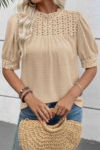 Parchment Textured Knit Eyelet Embroidered Patchwork Ruffled Neck Short Sleeve Blouse